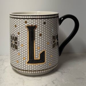 Anthropologie L Monogram Coffee Mug Letter Margot Tile Bistro White Black Gold